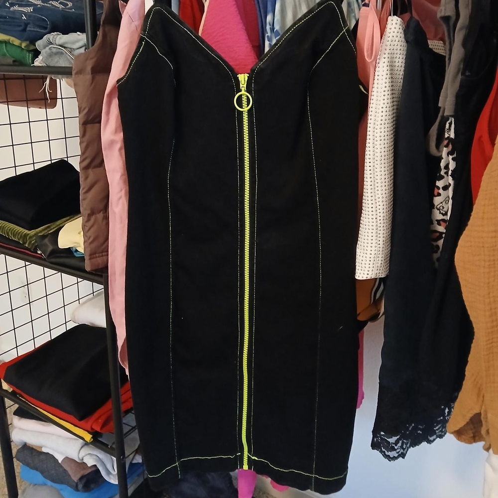 Black Jean Mini Dress with Neon Green Details